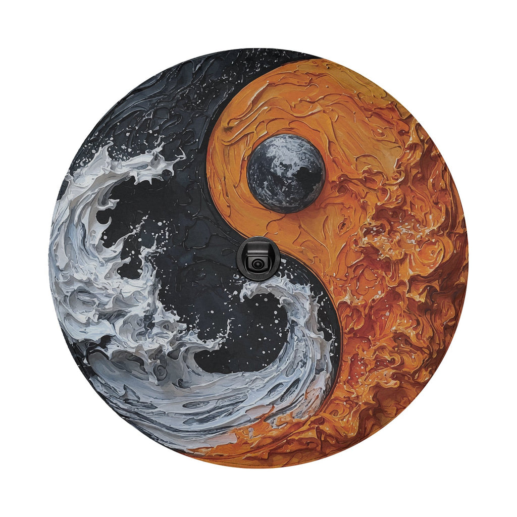 Elemental Balance spare tire cover detail showing earth and water yin-yang with backup camera cutout