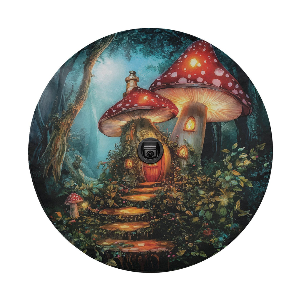 Enchanted Mushroom Cottage spare tire cover laid flat for fitment showing the whimsical cottage scene across canvas