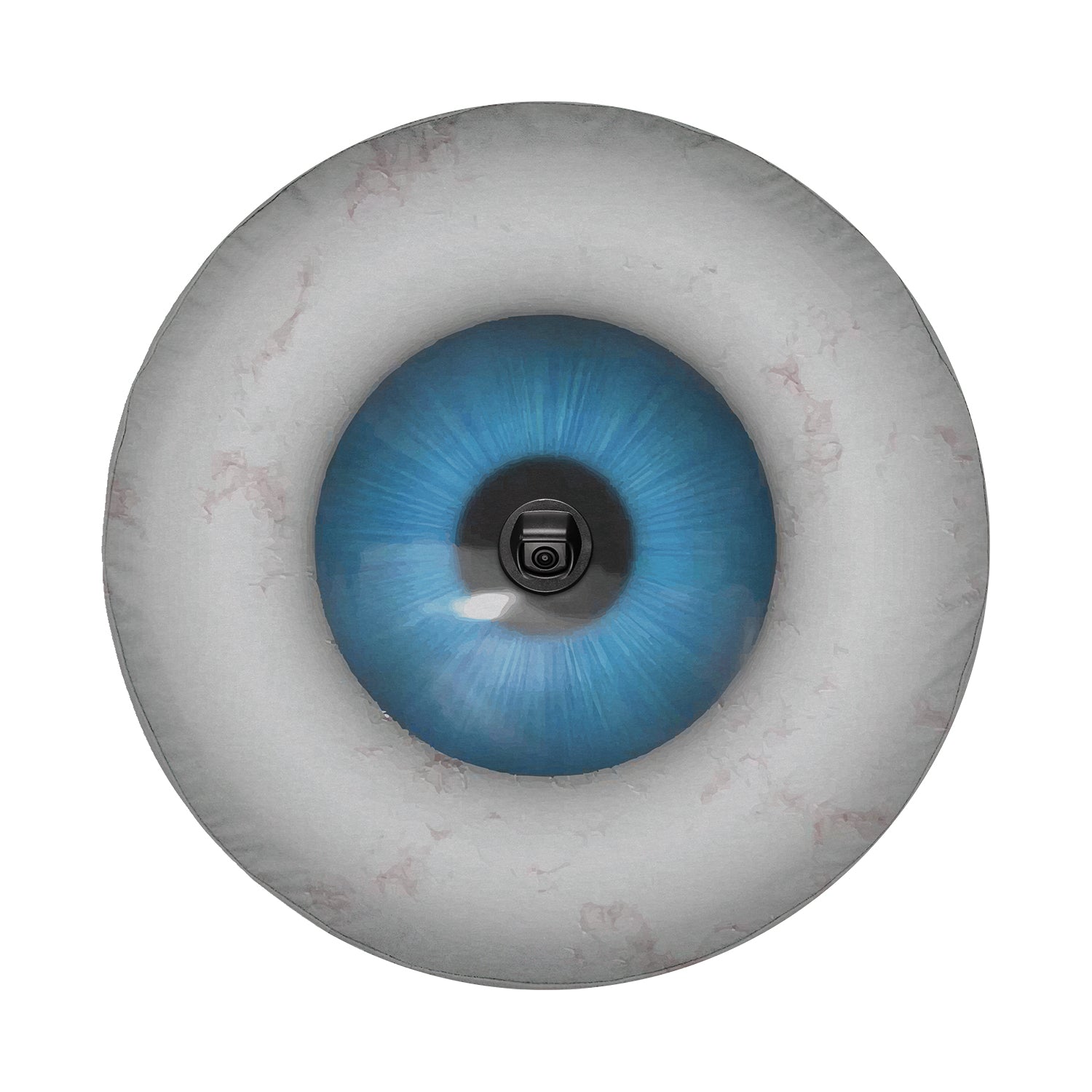Eye On You spare tire cover laid flat for fitment showing the blue eye design on durable canvas material
