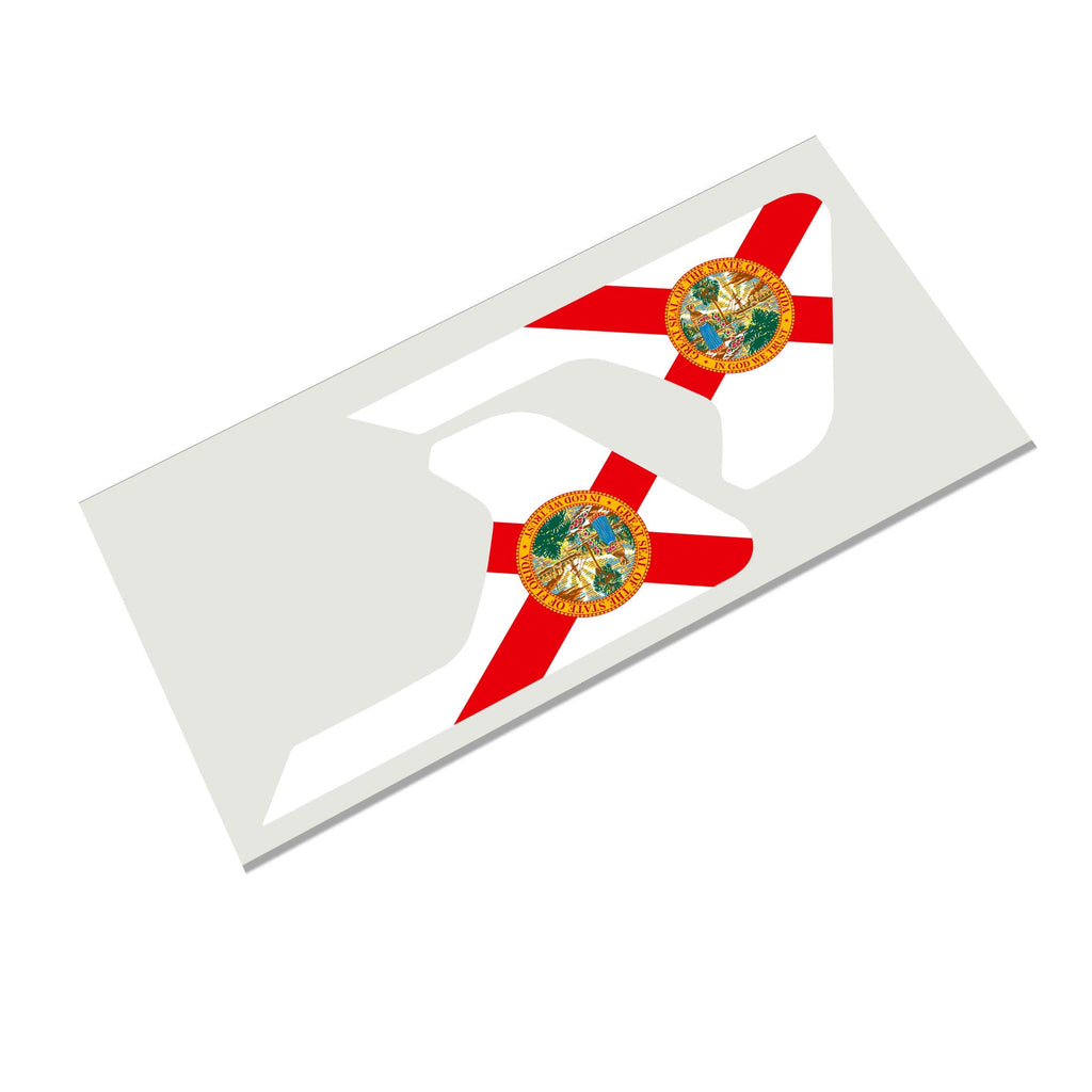 Florida state flag with seal die-cut decal infographic showing waterproof outdoor durability