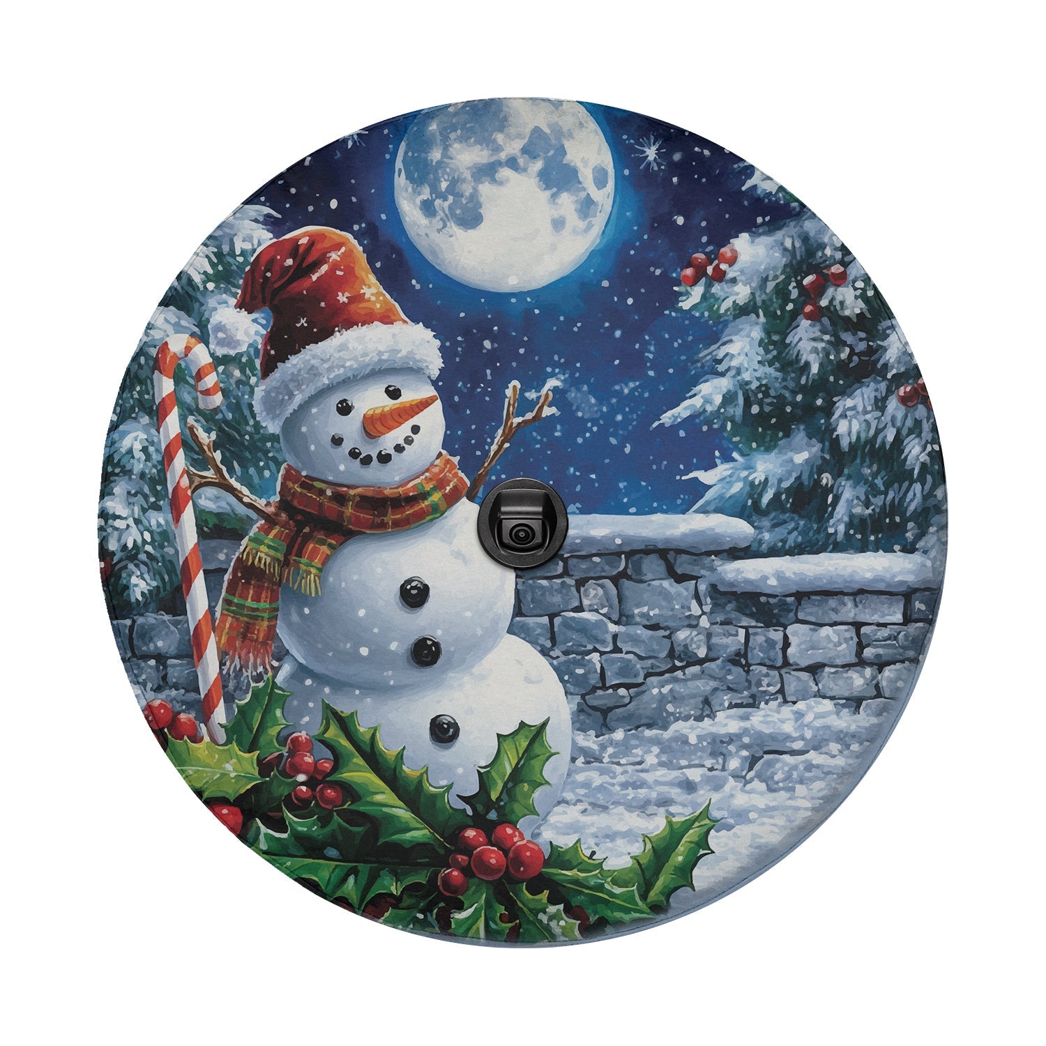 Frostys Midnight Cheer tire cover front view snowman plaid scarf candy cane holly under full moon