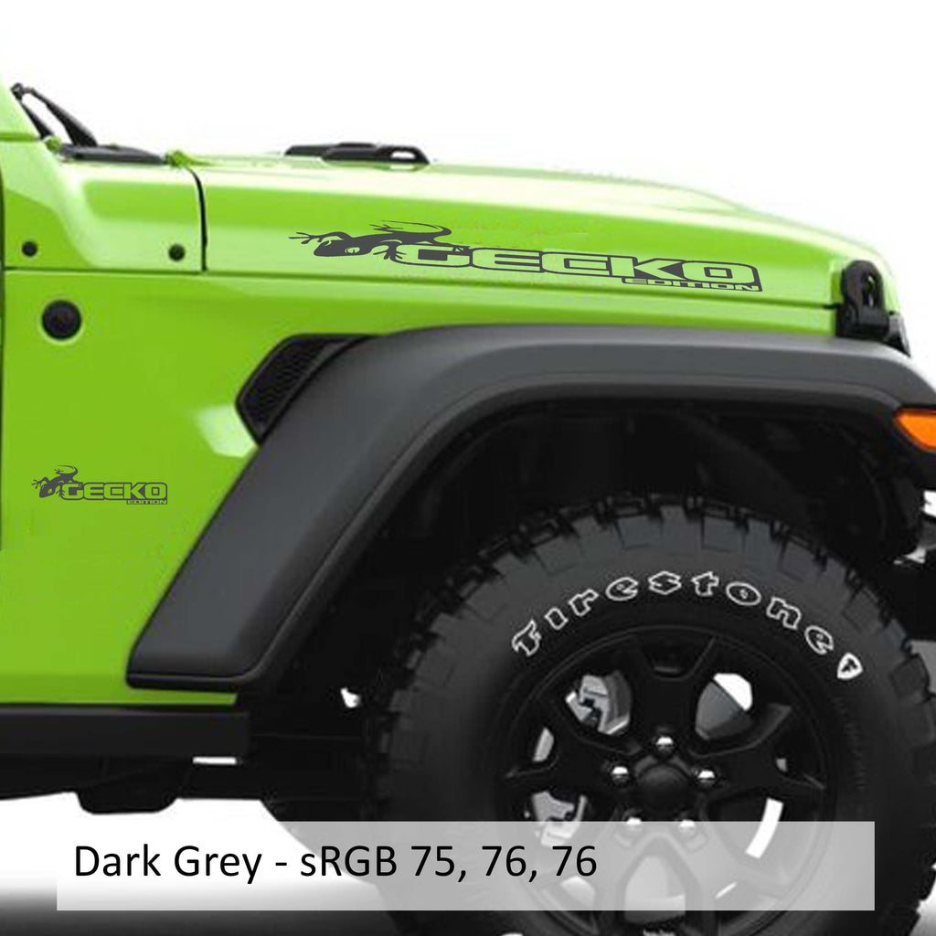 Dark grey Gecko Green edition side hood decal mockup pair for Jeep Wrangler JL Gladiator JT