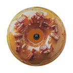 Glazed maple bacon donut tire cover flat round product view with thick maple icing and bacon piece toppings