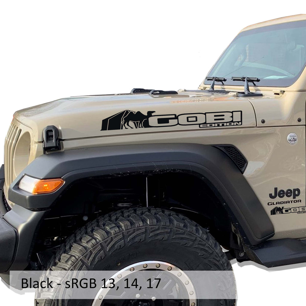 Black Gobi Edition Jeep Wrangler side hood vinyl decal pair featuring desert dune landscape design.
