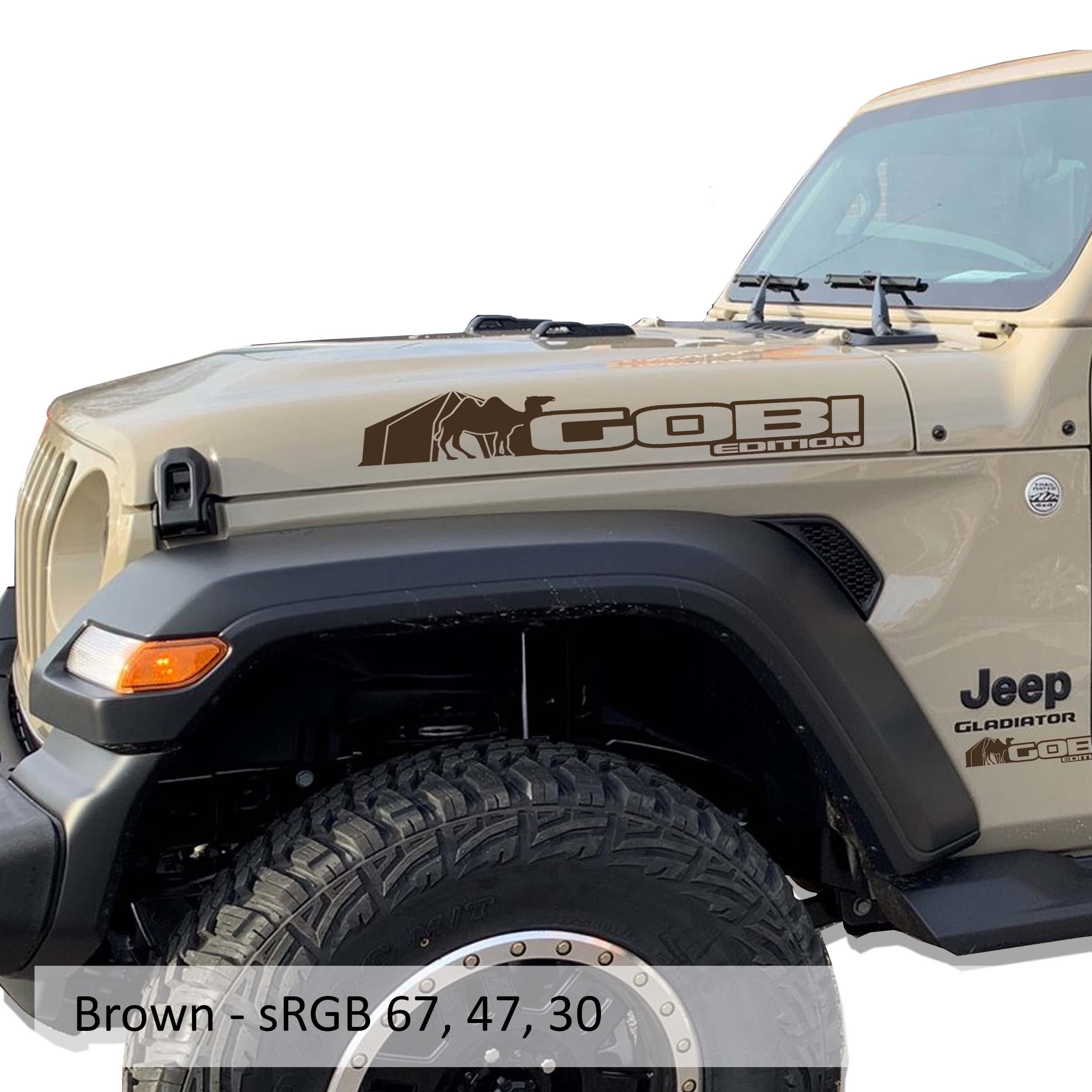 Brown Gobi Edition Jeep Wrangler side hood vinyl decal pair with rugged desert dune silhouette art.