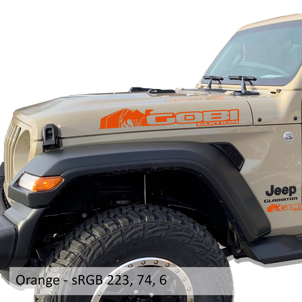 Orange Gobi Edition Jeep Wrangler side hood vinyl decal pair showing desert dune landscape design.