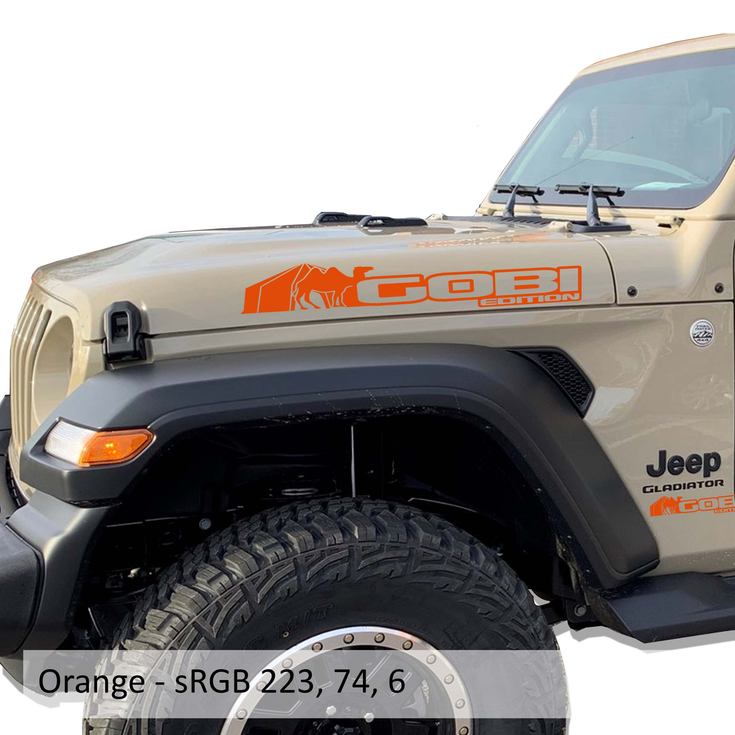 Orange Gobi Edition Jeep Wrangler side hood vinyl decal pair showing desert dune landscape design.