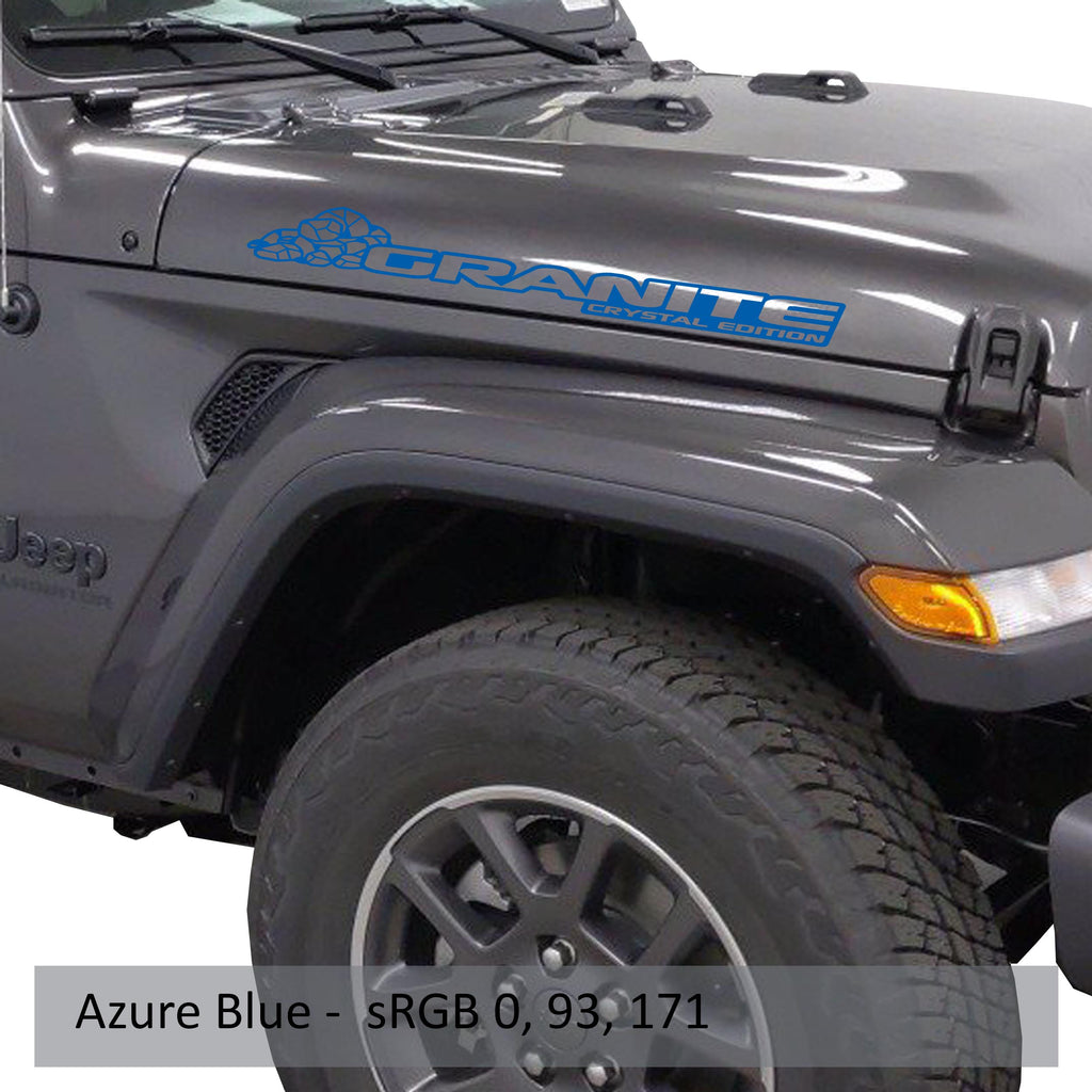 Granite Crystal Edition Jeep hood decal pair in azure blue vinyl shown on a clean white photo backdrop