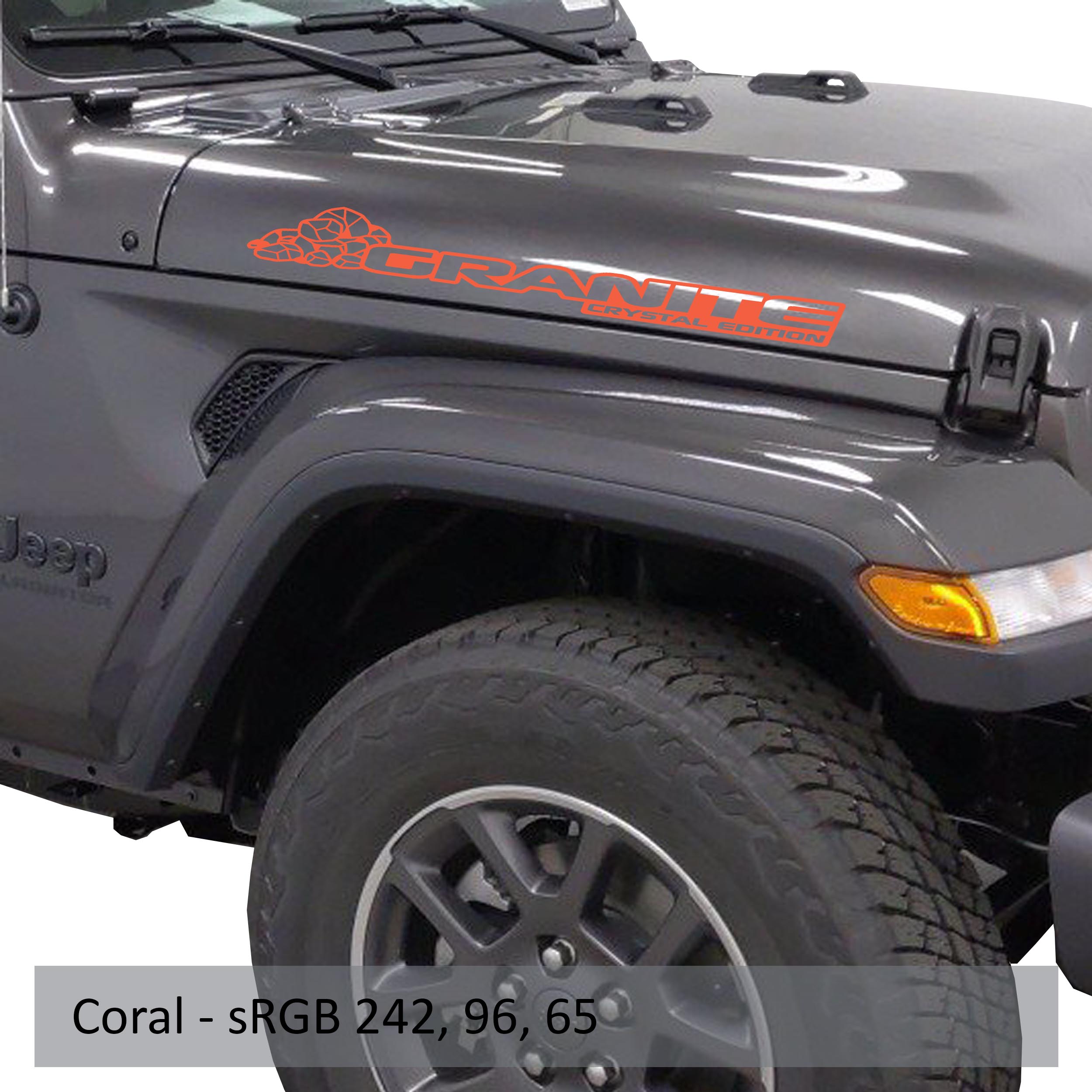 Granite Crystal Edition Jeep hood decal pair displayed in coral vinyl on a clean white studio backdrop