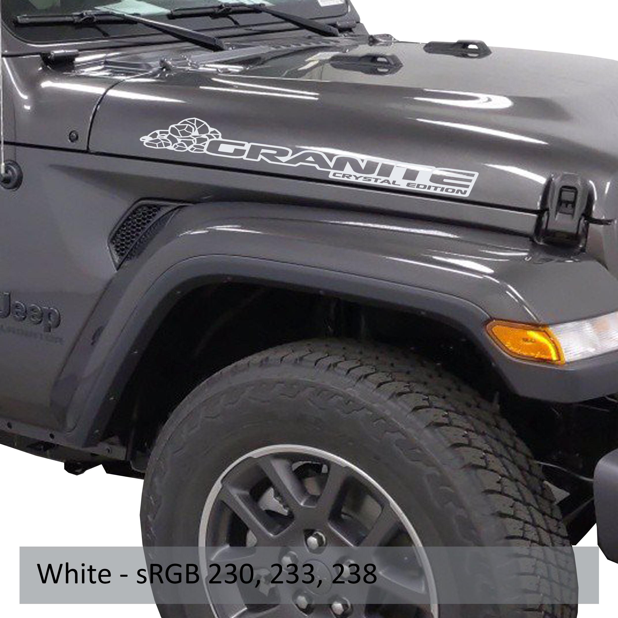 Granite Crystal Edition Jeep hood decal pair shown in crisp white vinyl on a clean white studio backdrop