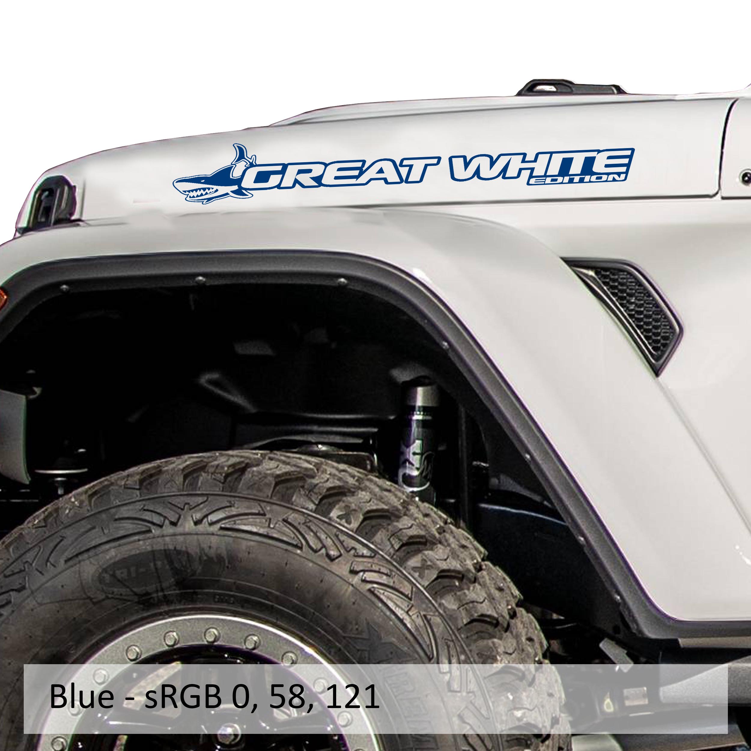 Great White Edition Jeep hood decal pair in royal blue vinyl shown on a clean white promotional backdrop