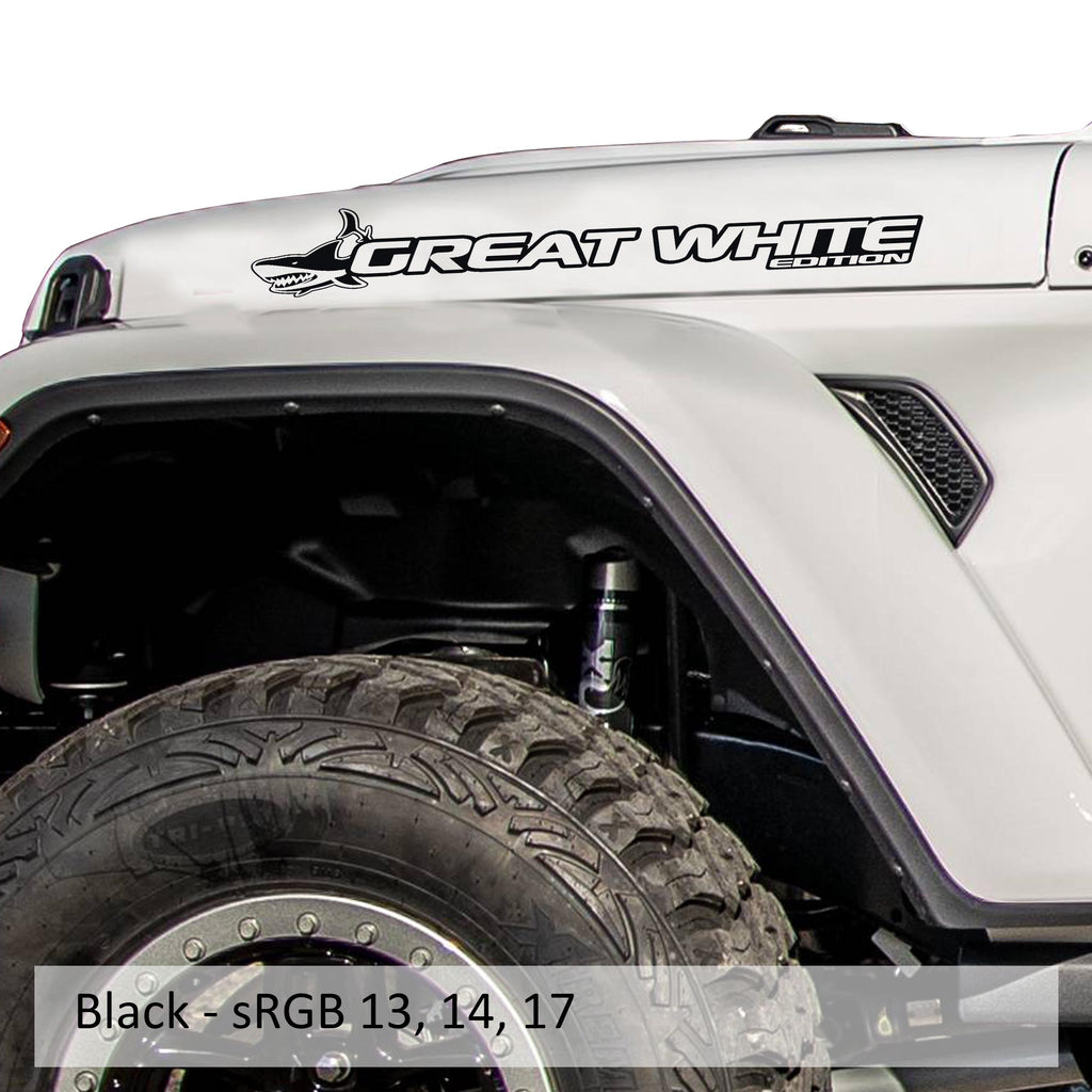 Great White Edition Jeep hood decal pair displayed in matte black vinyl on a clean white studio backdrop