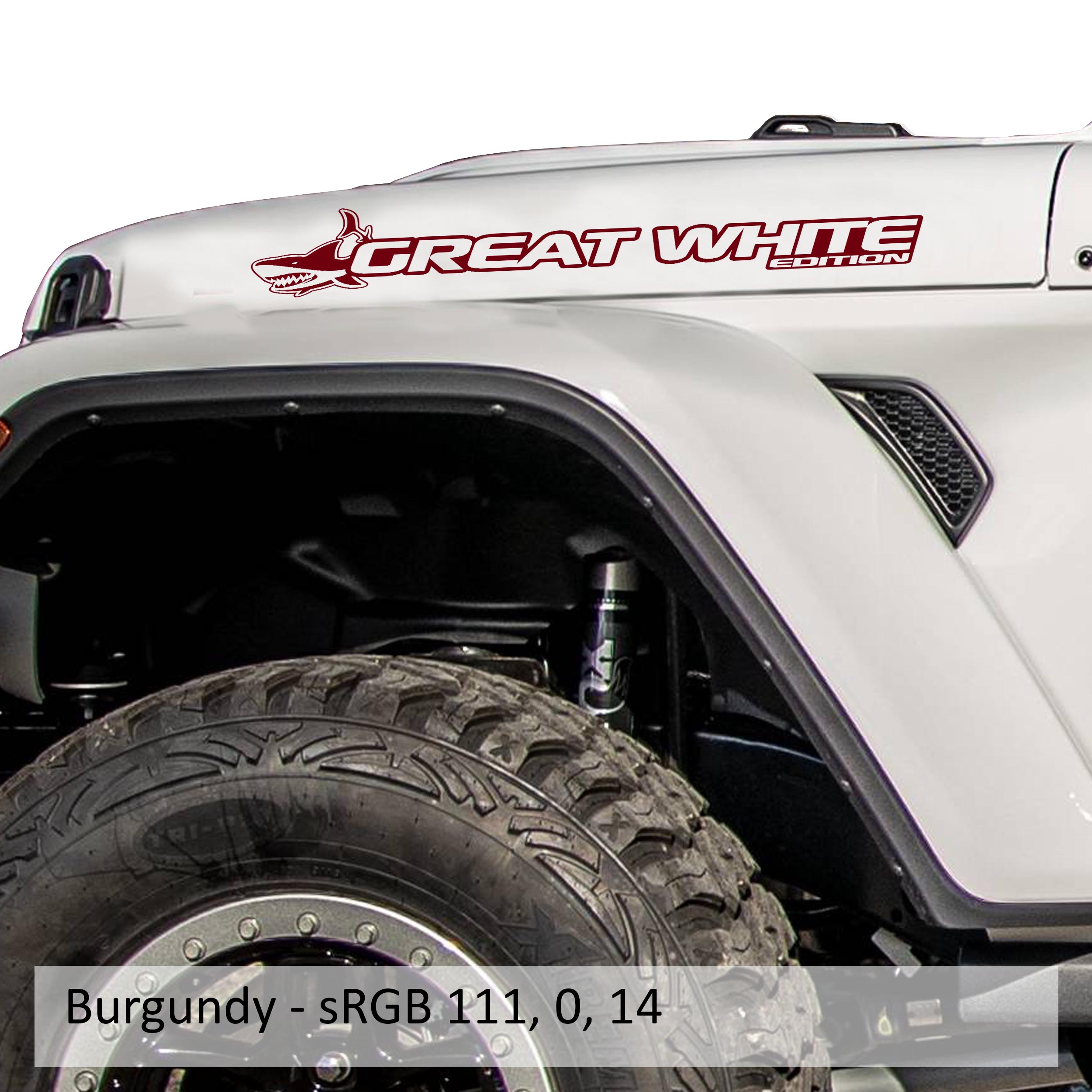 Great White Edition Jeep hood decal pair displayed in burgundy vinyl on a clean white studio backdrop