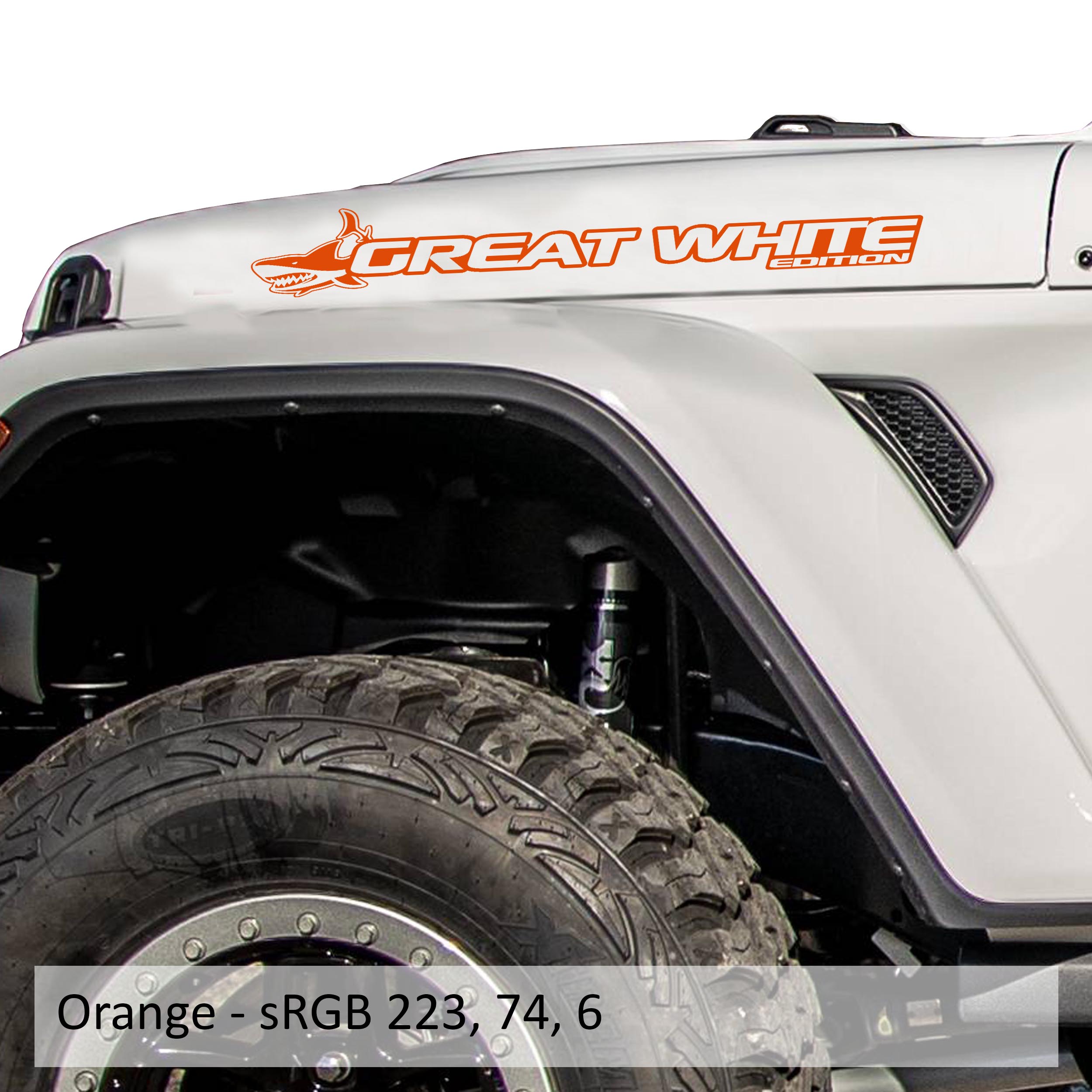 Great White Edition Jeep hood decal pair in bright orange vinyl shown on a clean white studio backdrop