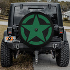 Green Military Star spare tire cover mounted on a red Jeep Wrangler showcasing army green five point star