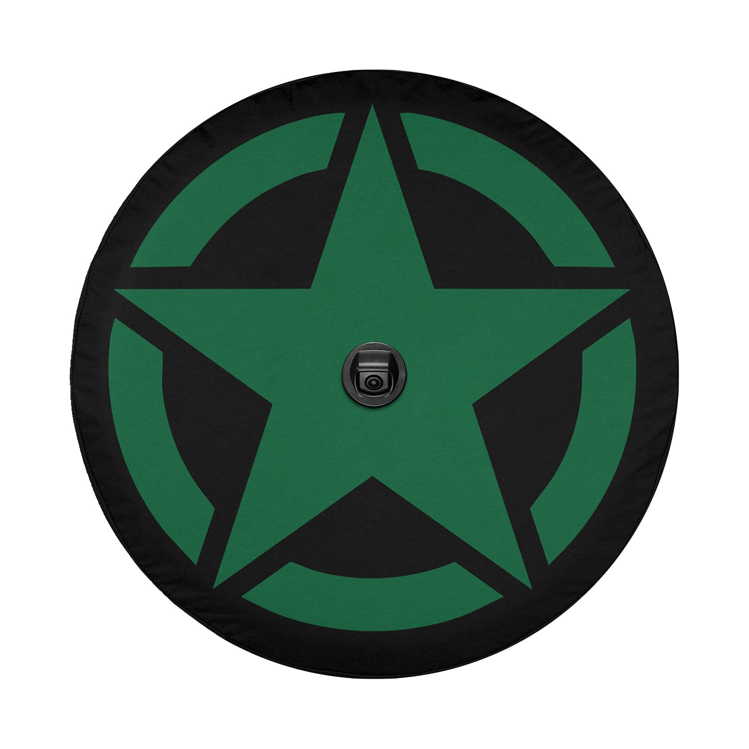 Green Military Star spare tire cover flat round product shot with bold olive drab military star insignia