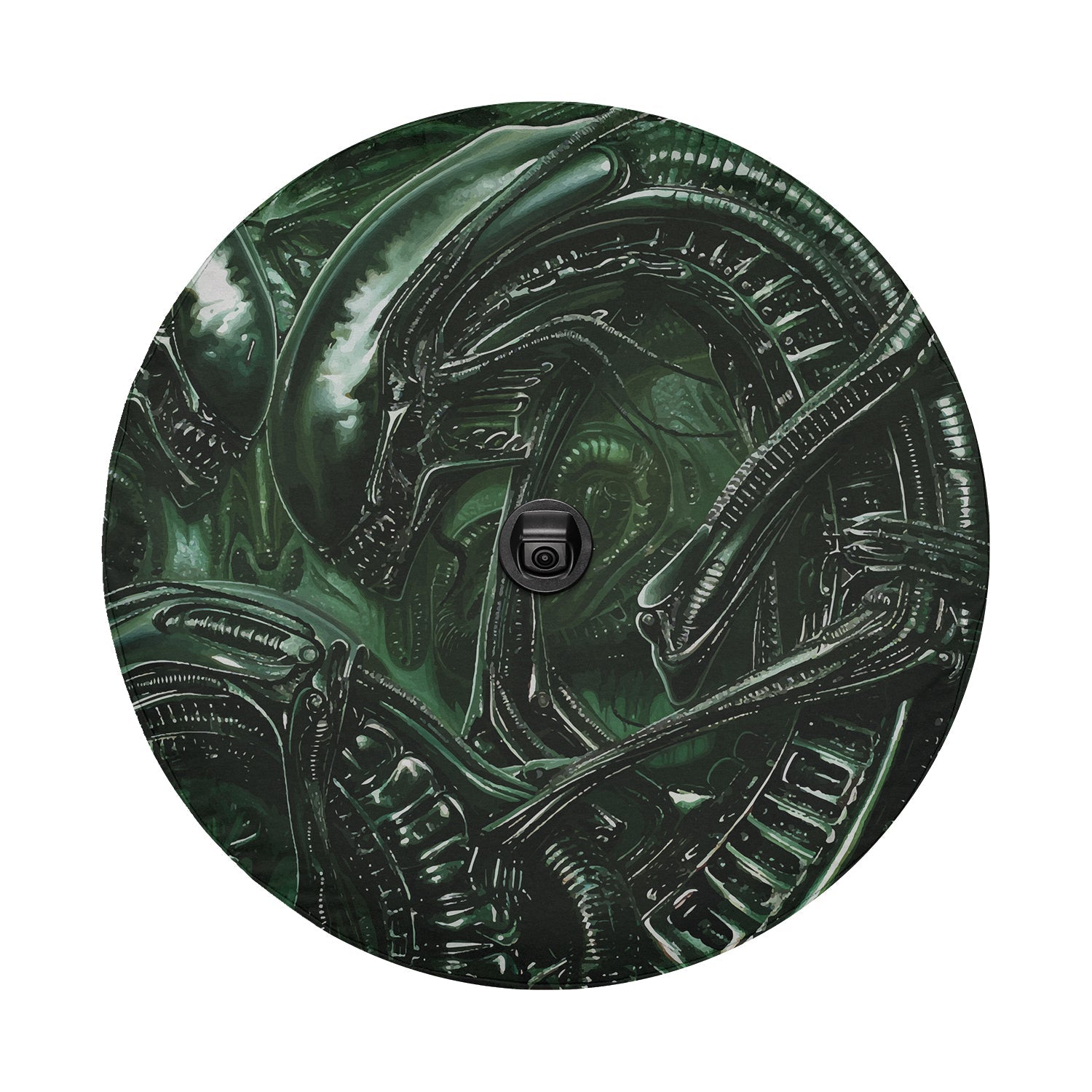 Alien xenomorph spare tire cover named HR Giger biomechanical theme on rear Bronco tailgate desert view