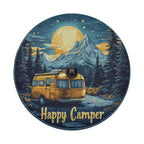 Happy Camper tire cover on red Jeep Wrangler yellow vintage camper van mountains pine forest scene