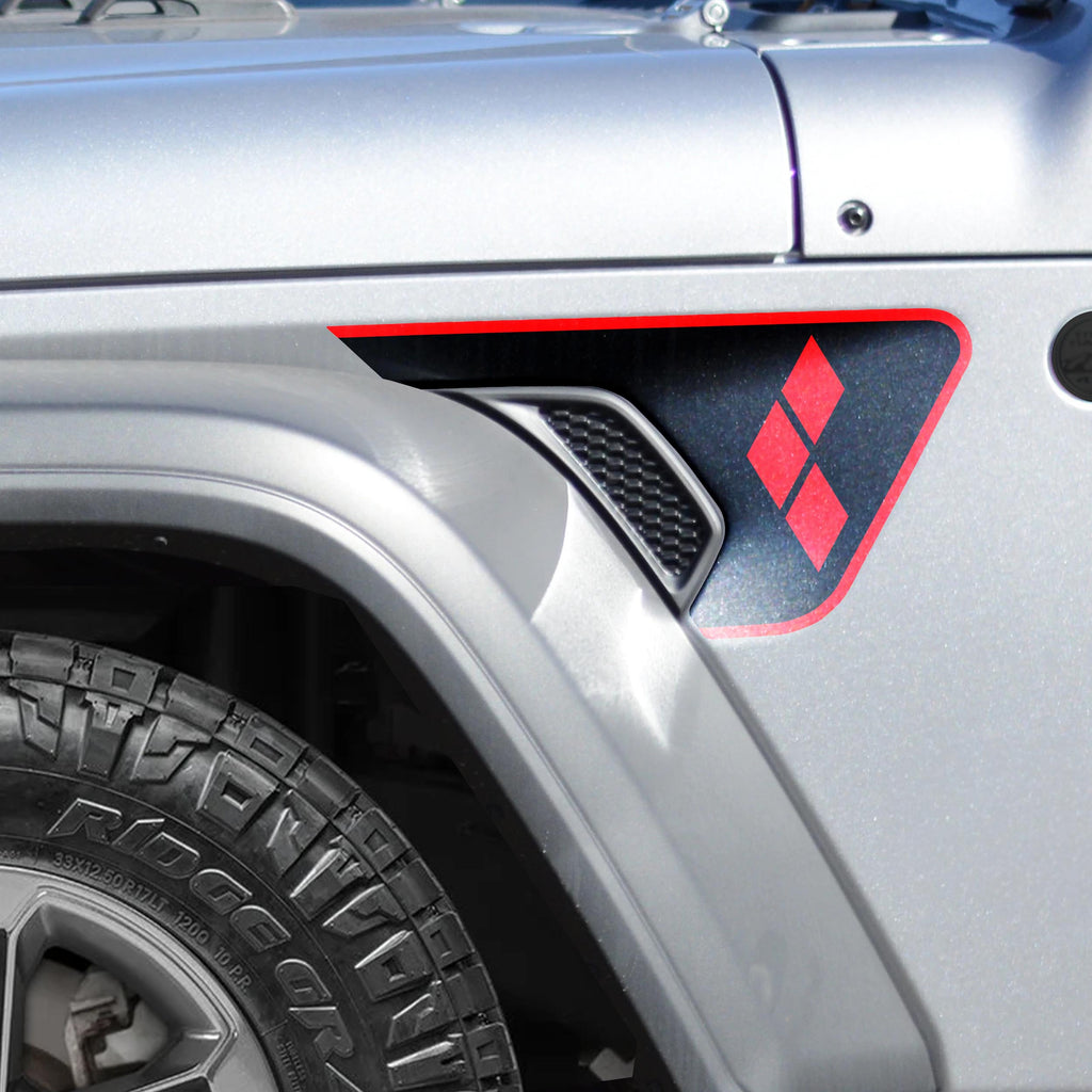 Red Harley diamond vent fender decal installed on silver Jeep Wrangler JL near 35 inch tire