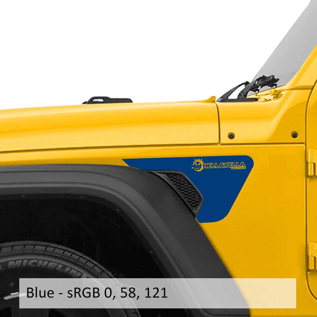 Blue HellaYella Edition vinyl decal applied to Jeep JL JT billet fender vent closeup