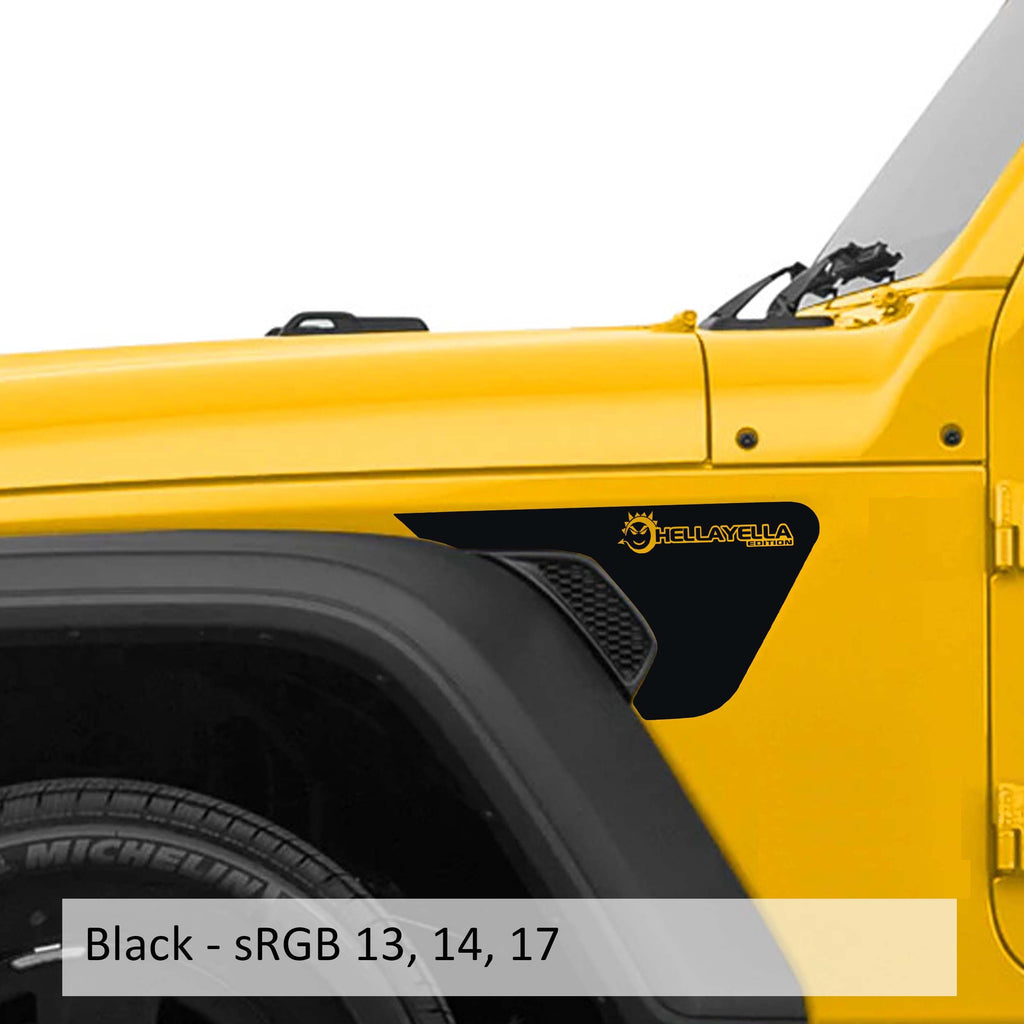 Black HellaYella Edition vinyl decal applied to Jeep JL JT billet fender vent closeup