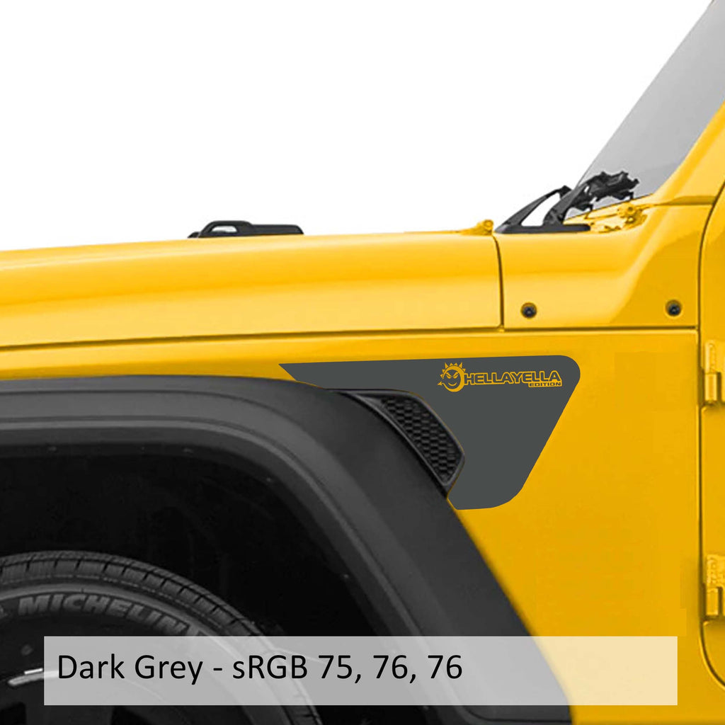 Dark gray HellaYella Edition vinyl decal applied to Jeep JL JT billet fender vent closeup