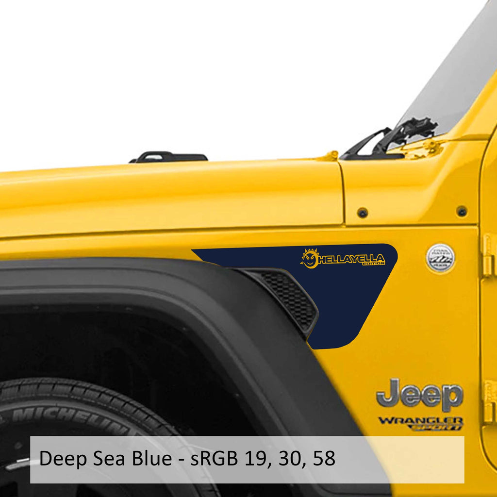 Deep sea blue HellaYella Edition vinyl decal applied to Jeep JL JT billet fender vent closeup