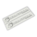 Grey HellaYella Edition sun face lettering side hood vinyl decal pair laid flat shown