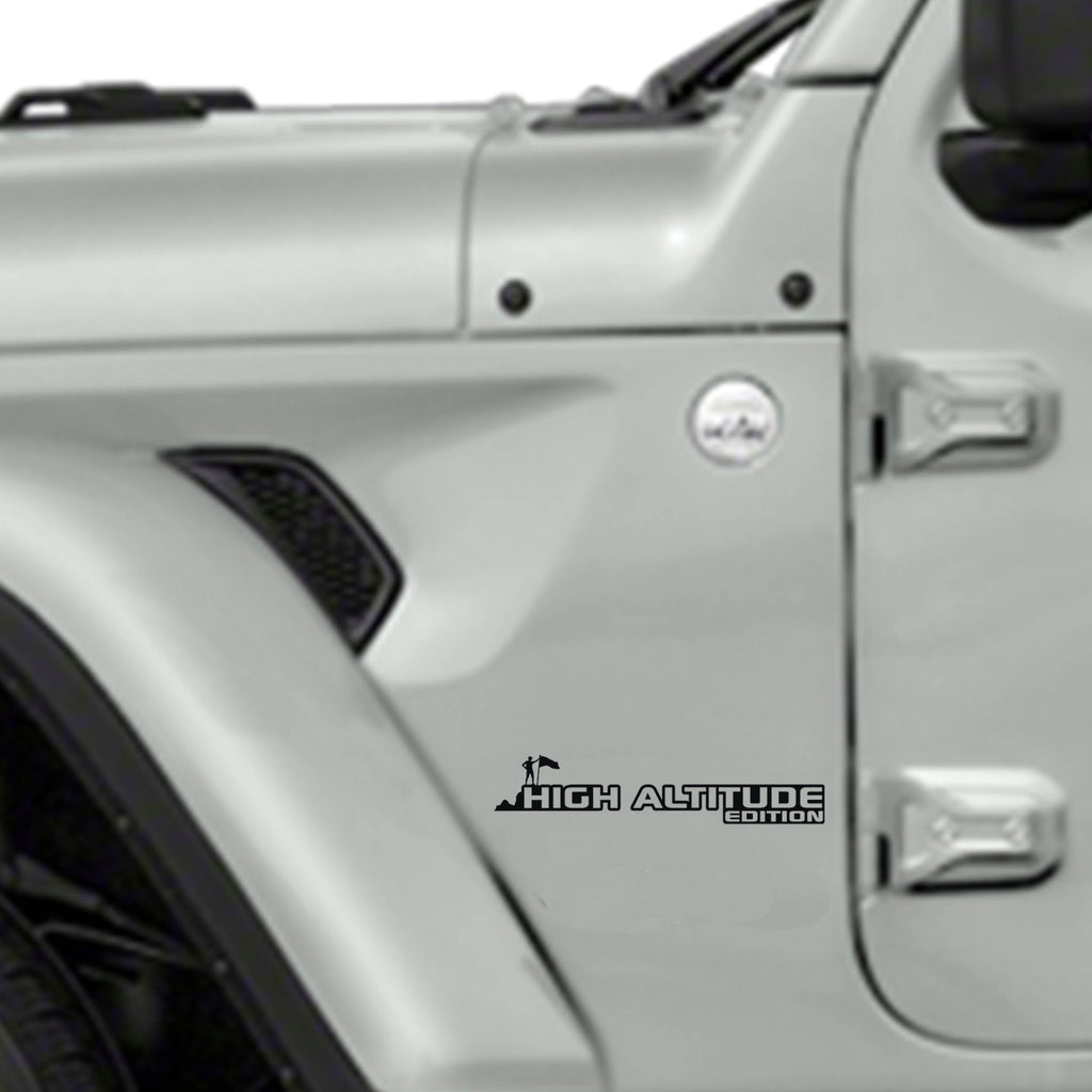 Gray High Altitude Edition climber flag fender decal pair with bold outline letters close-up product view