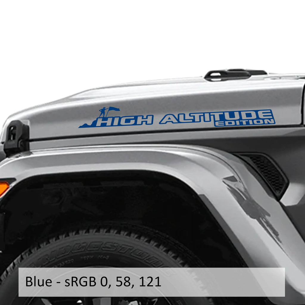 Blue High Altitude Hood Edition vinyl decal pair shown for Jeep hood installation