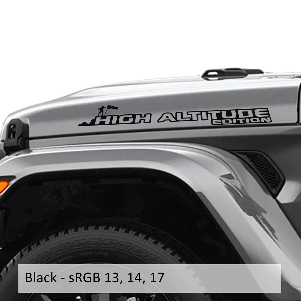 Black High Altitude Hood Edition vinyl decal pair shown for Jeep hood installation