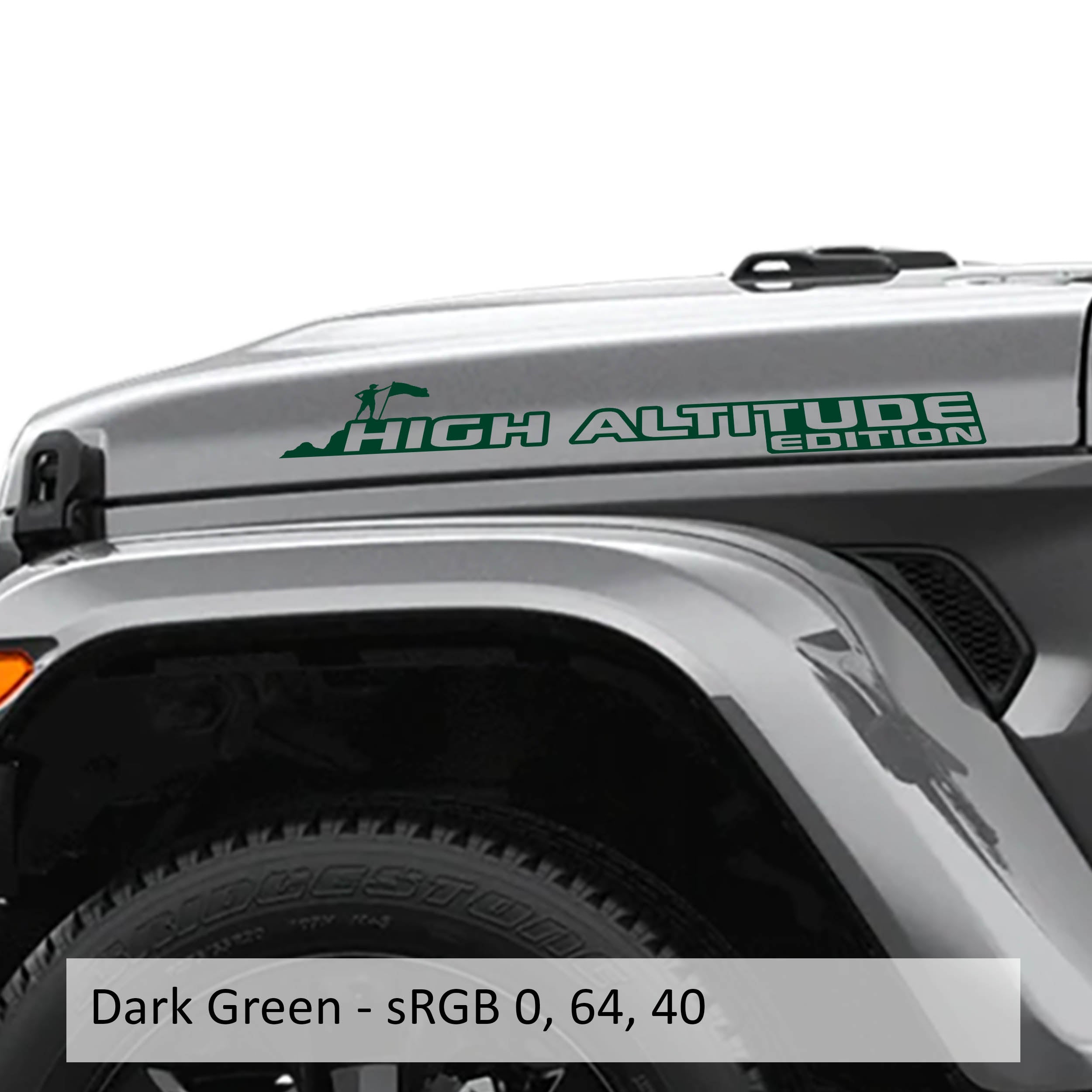 Dark green High Altitude Hood Edition vinyl decal pair shown for Jeep hood installation