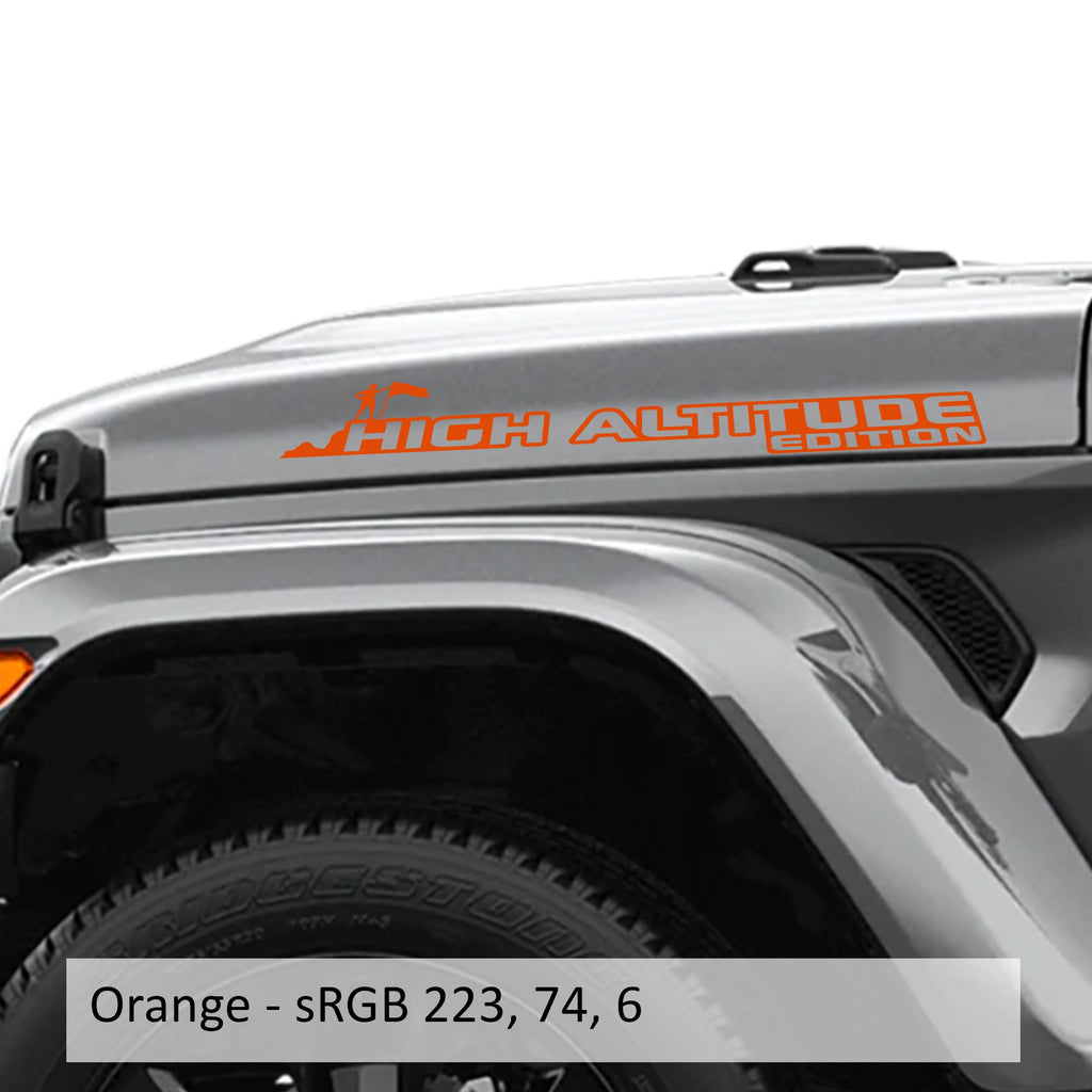 Orange High Altitude Hood Edition vinyl decal pair shown for Jeep hood installation