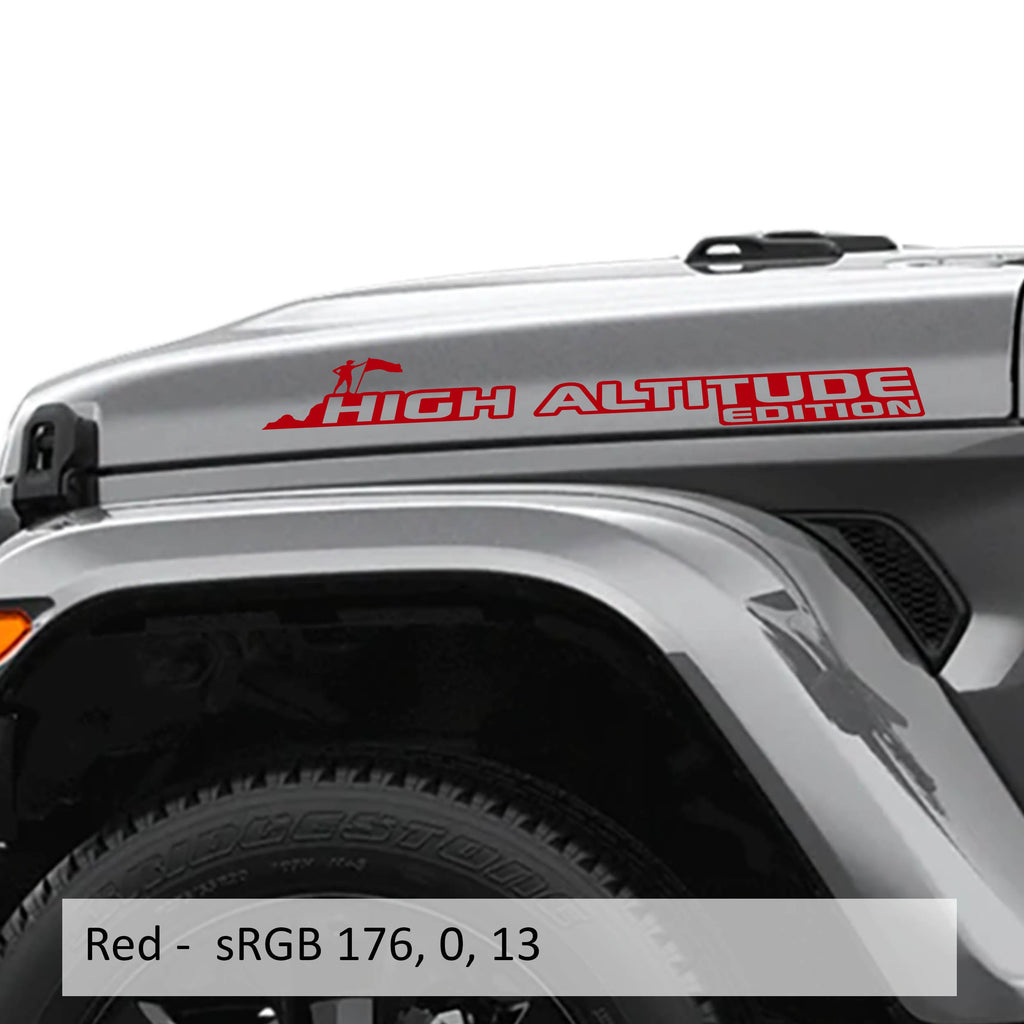 Red High Altitude Hood Edition vinyl decal pair shown for Jeep hood installation