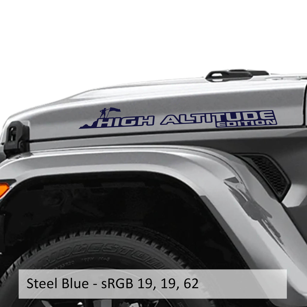 Steel blue High Altitude Hood Edition vinyl decal pair shown for Jeep hood installation