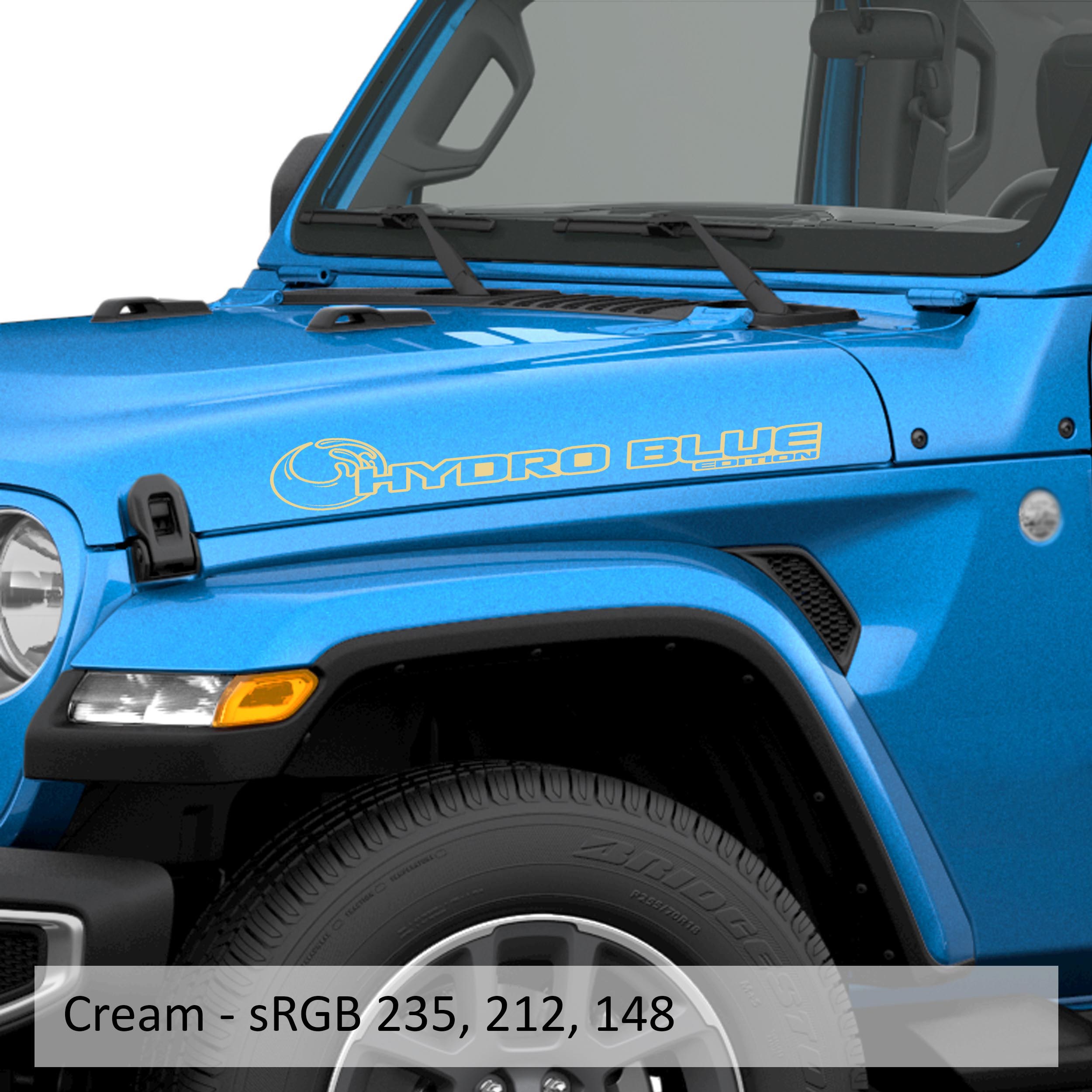 Hydro Blue Edition Jeep hood decal pair shown in cream vinyl on a clean white promotional photo backdrop