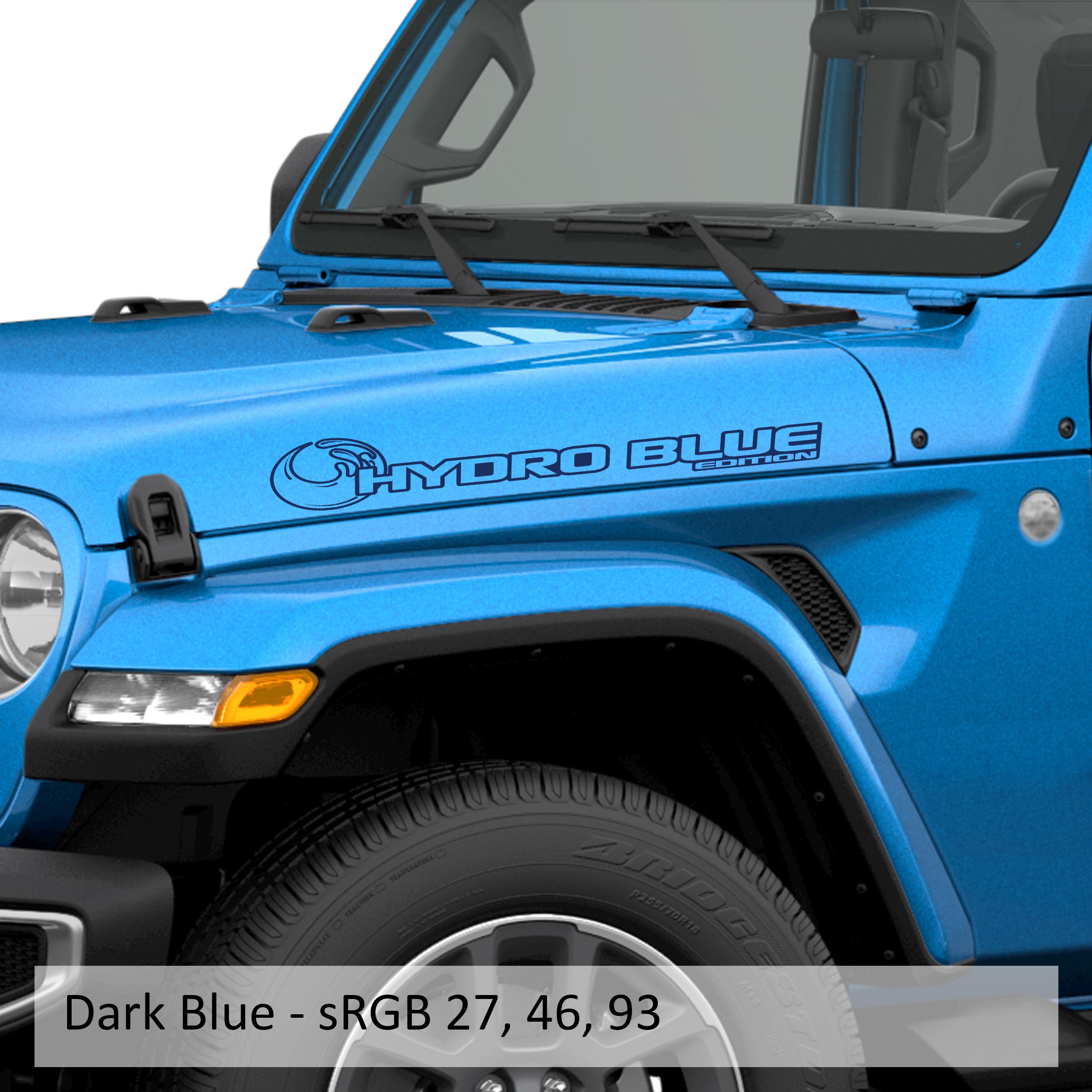 Hydro Blue Edition Jeep hood decal pair in deep dark blue vinyl on a clean white studio backdrop sample