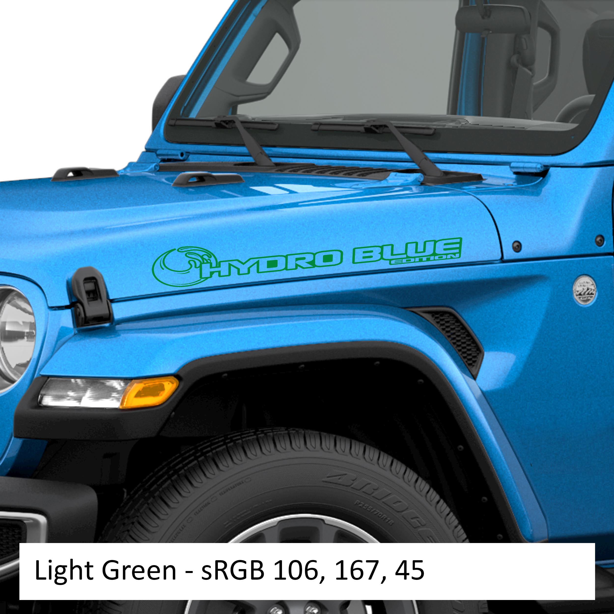 Hydro Blue Edition Jeep hood decal pair displayed in light gray vinyl on a clean white photo backdrop