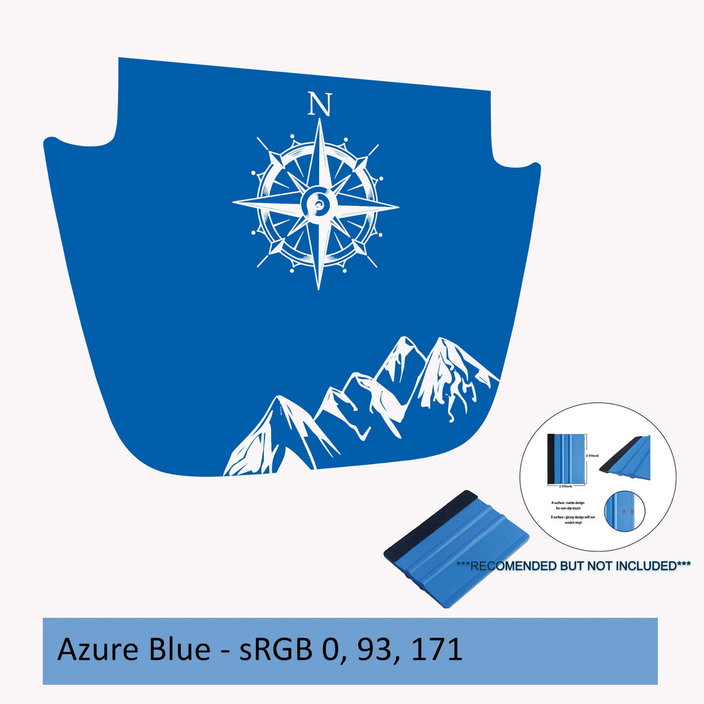 Azure blue Northern Mountain Range blackout hood vinyl decal for Wrangler JL JT with compass artwork.