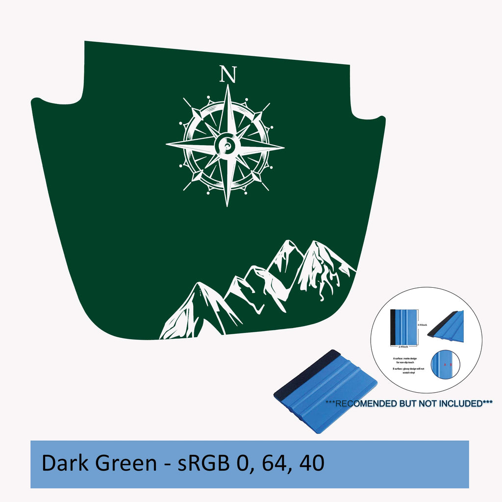 Dark green Northern Mountain Range blackout hood vinyl decal for Wrangler JL JT with compass design.