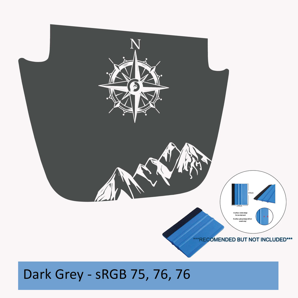 Dark gray Northern Mountain Range blackout hood vinyl decal for Wrangler JL JT with compass artwork.