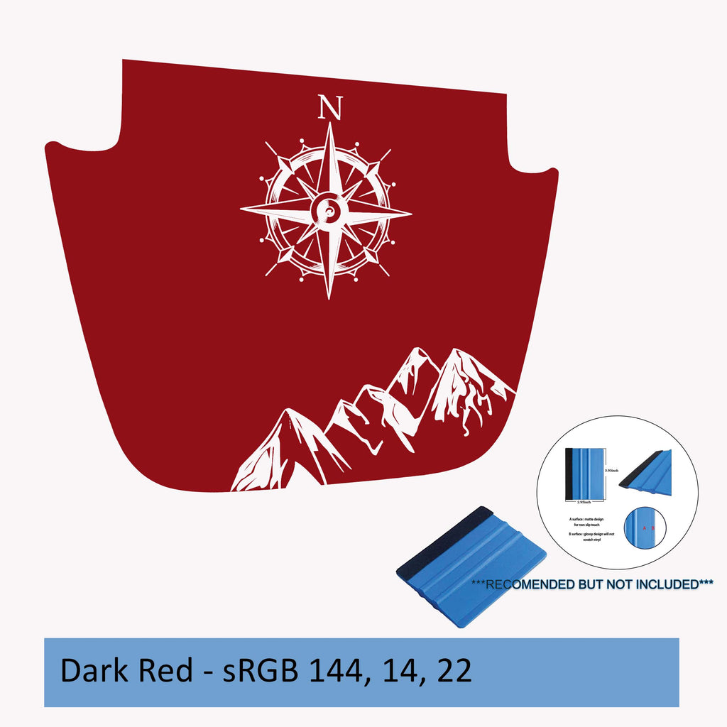 Dark red Northern Mountain Range blackout hood vinyl decal for Wrangler JL JT with compass artwork.