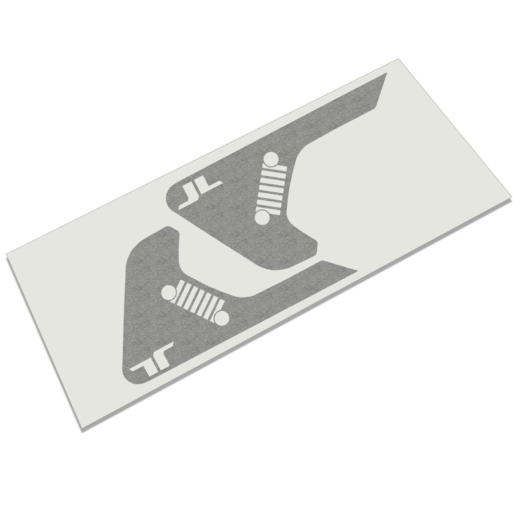 Wrangler JL lettering grille logo style fender vent vinyl decal shown on Jeep Wrangler JL