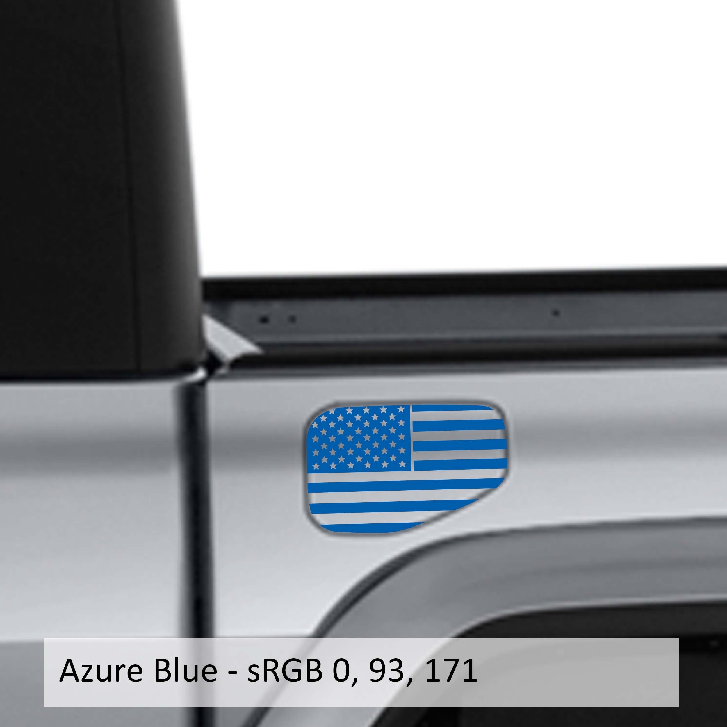 Azure blue American flag fuel door vinyl overlay on silver Jeep Gladiator JT fuel door mockup