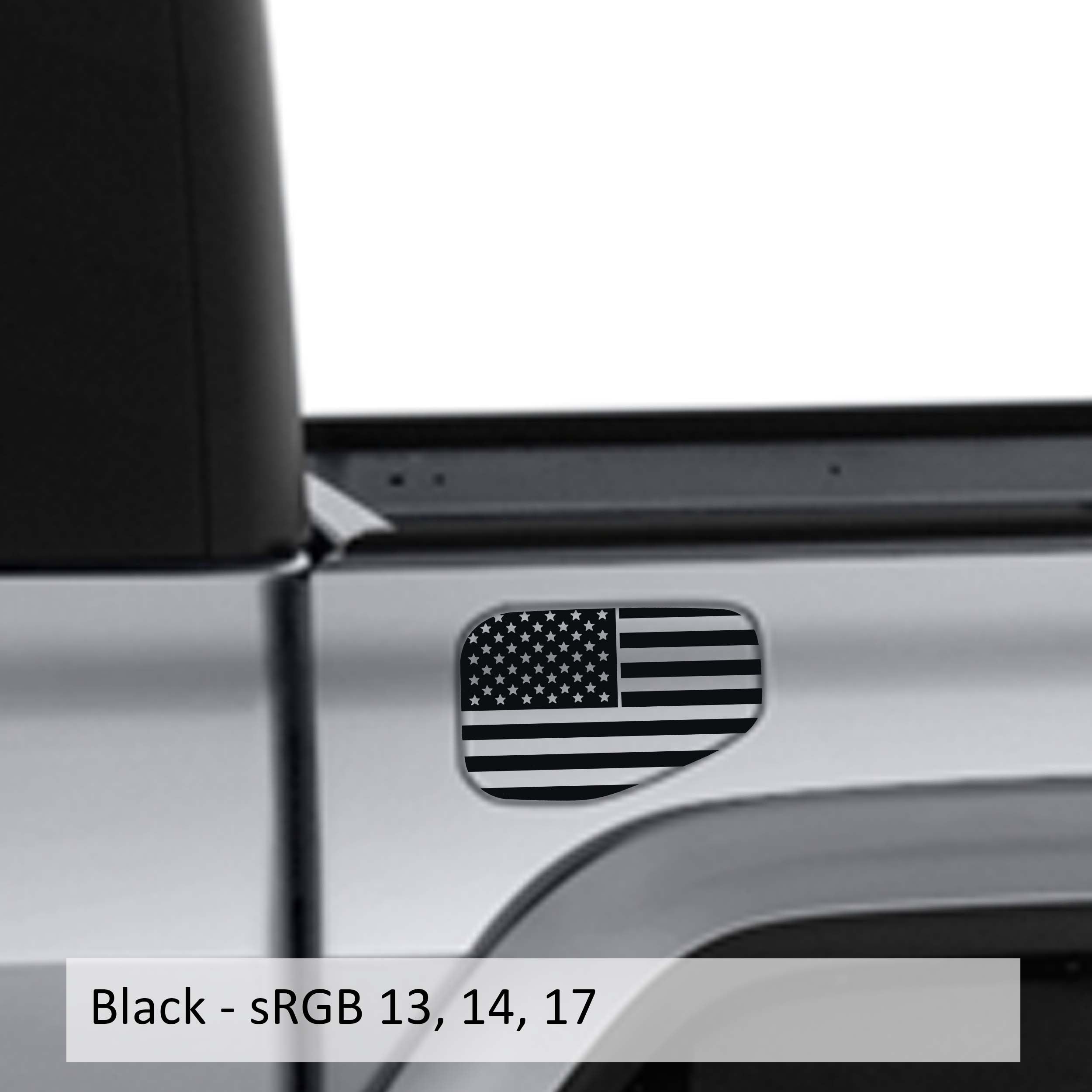 Black American flag fuel door vinyl overlay applied to silver Jeep Gladiator JT fuel door