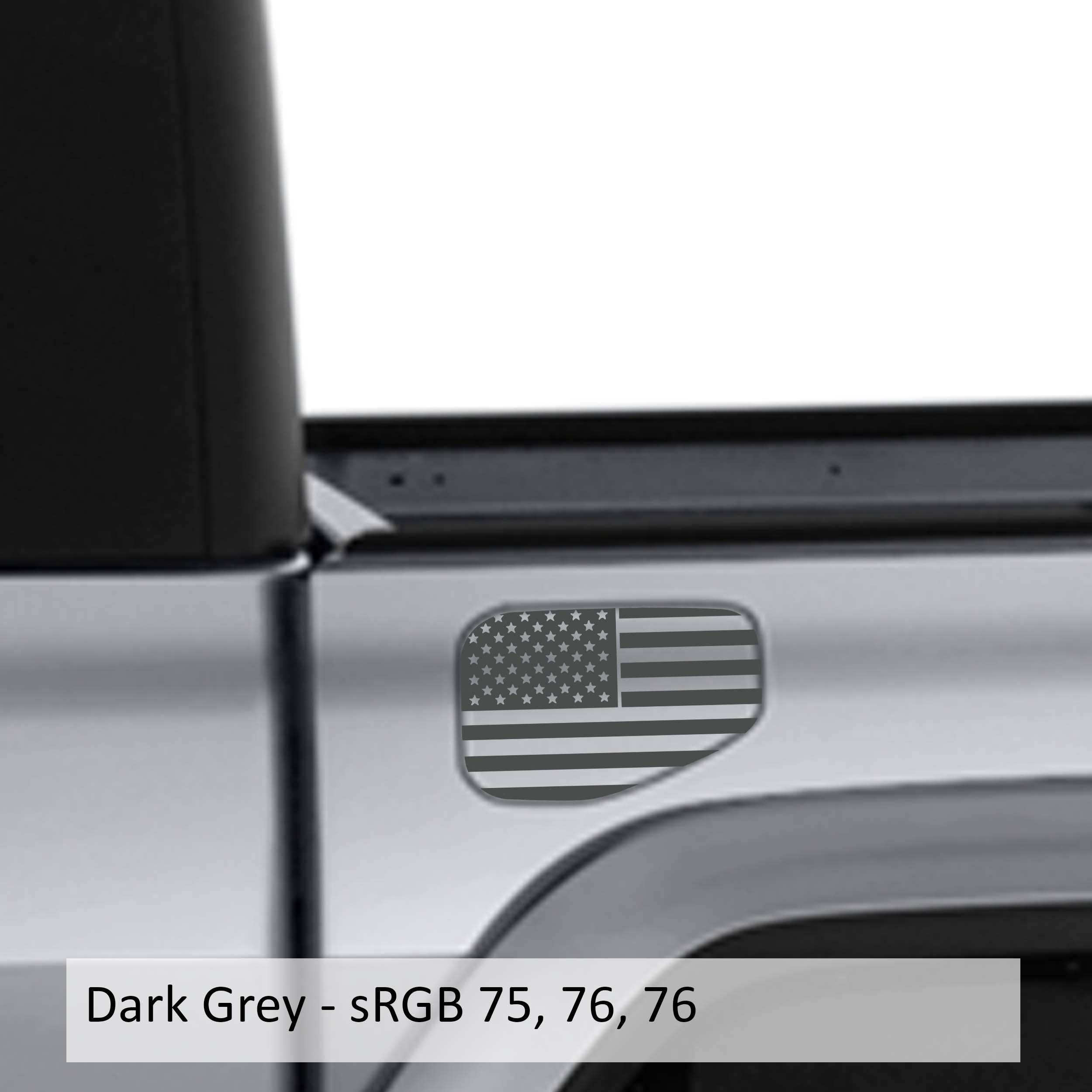 Dark gray American flag fuel door vinyl overlay on silver Jeep Gladiator JT fuel door mockup