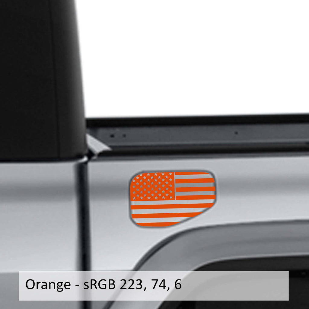Orange American flag fuel door vinyl overlay applied to silver Jeep Gladiator JT fuel door