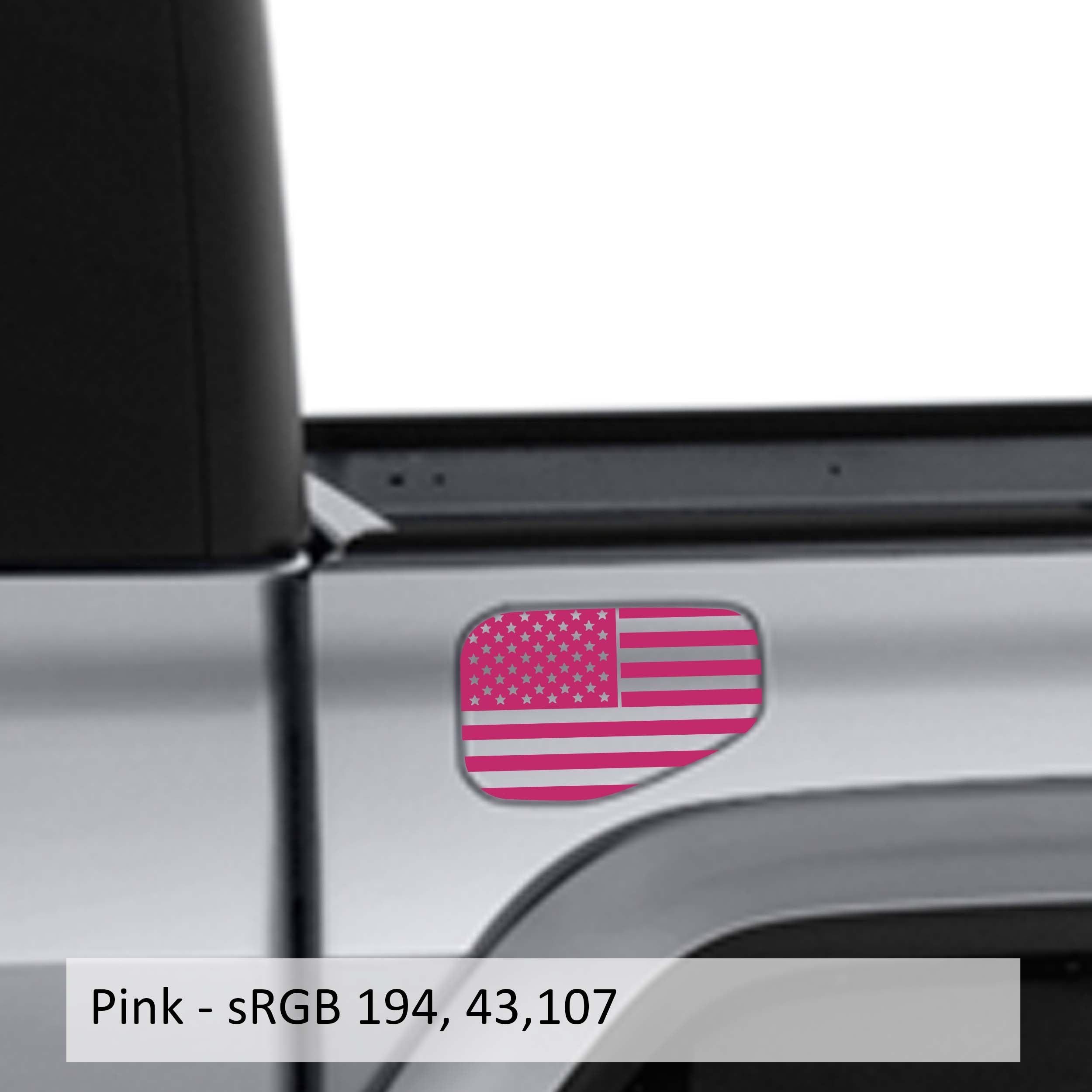 Pink American flag fuel door vinyl overlay applied to silver Jeep Gladiator JT fuel door mockup