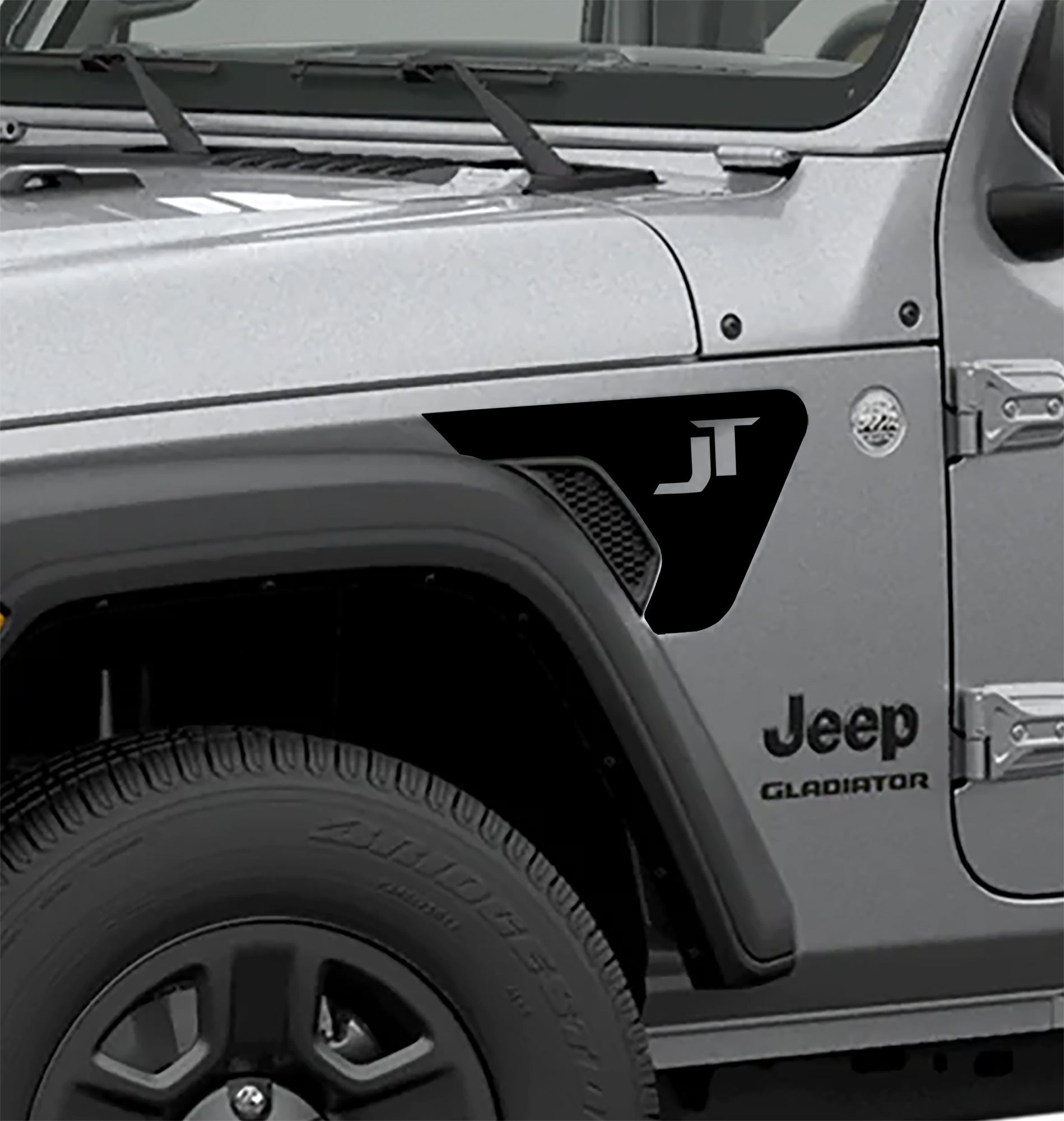 Black JT Letters fender vent vinyl decal applied to Jeep Wrangler JL billet vent close up