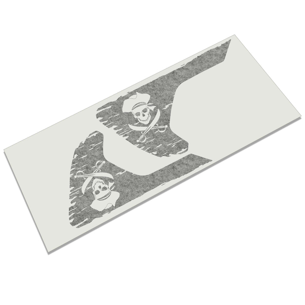 Black tattered Jolly Roger pirate skull crossed swords fender vent decal pair laid flat
